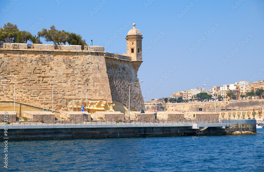 The view of the Guard tower on the tip of the bastions. Malta.
