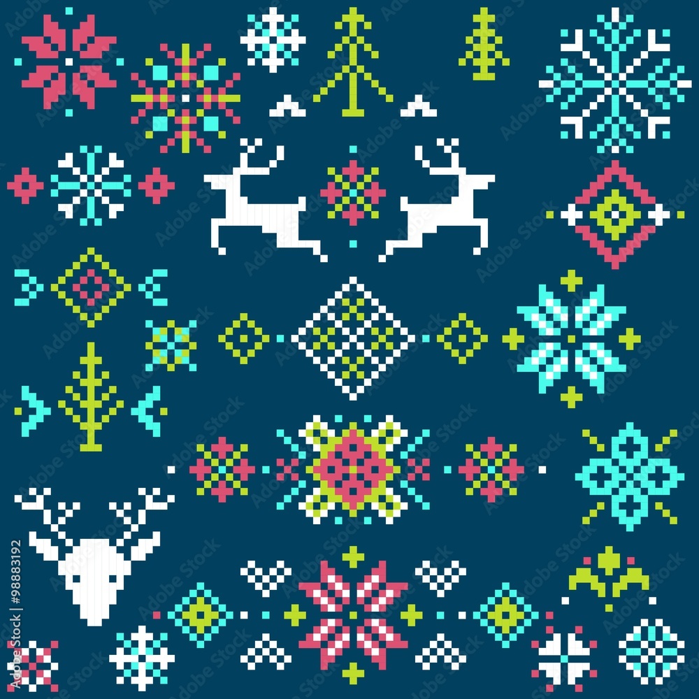 Collection of pixel elements for winter Nordic ornament. Vector illustration