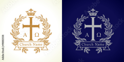 The vintage church logo. Template logotype for the christian churches, missions, bible colleges and seminaries in the form of a cross with crown and laurel branches.