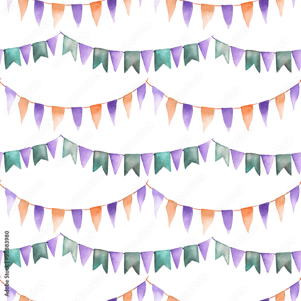 Watercolor seamless pattern with the garland of the purple, green and orange flags painted on a white background