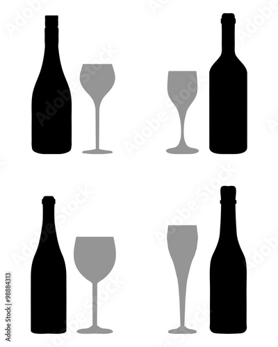 Black silhouettes of glasses and bottles, vector