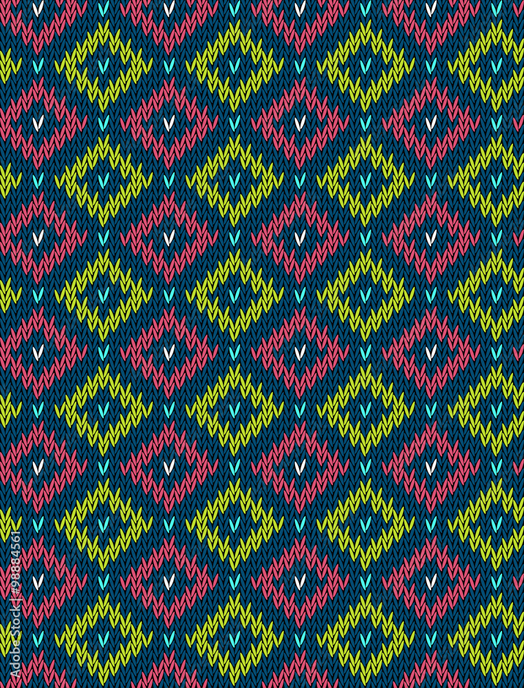 Knitted bright seamless winter holiday pattern with stylized nordic sweater ornament. Clothing design. Vector illustration.