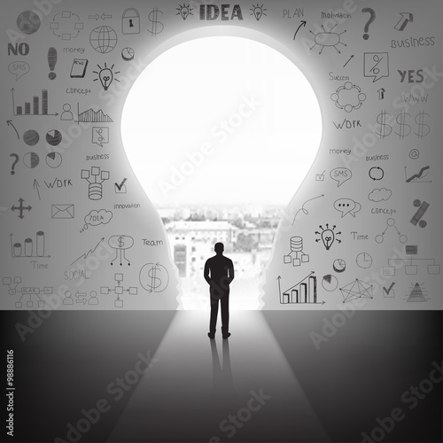 Businessman silhouette standing front of big idea lightbulb door