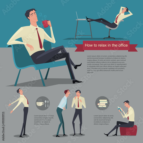 How to relax between work. Vector Illustration Businessman working office life.