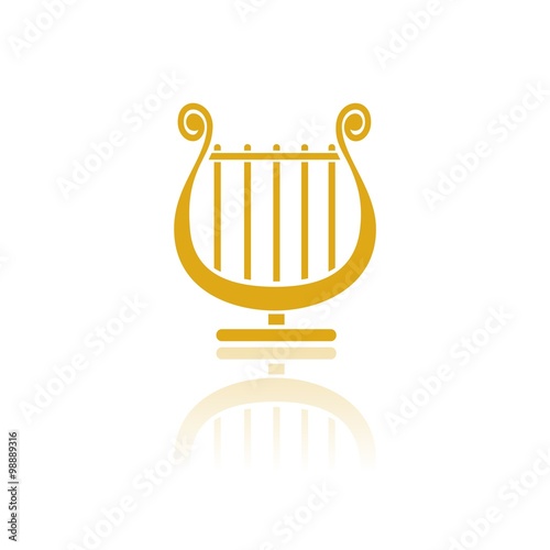 Icono aislado de un arpa dorado con reflejo. Ilustración vectorial