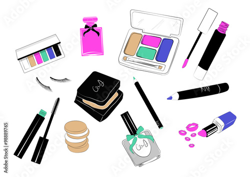 Instagram social media stickers and icons wirh make up. lipstick eye shadoe lash mascara liner hand drawn design elements for fashion beauty content 