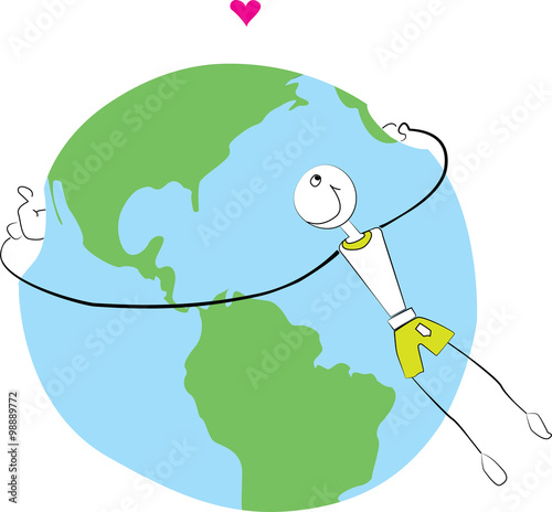 Human hugging the world and smiling. Concept environmental prote