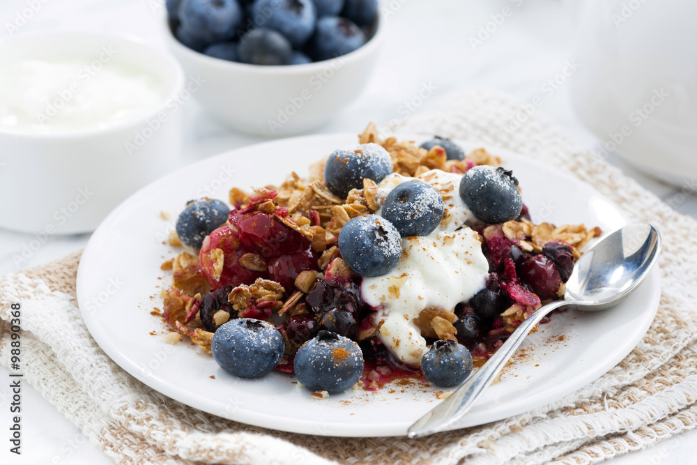 berry crumble with oat flakes on a plate berry crumble with oat flakes on a plate