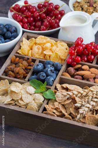 breakfast cereal and other fresh ingredients in a wooden box