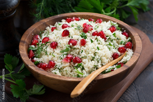 Cauliflower couscous with herbs and pomegranate, closeup