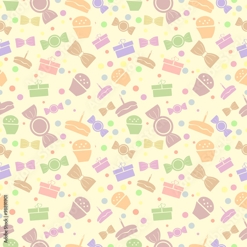 Seamless vector pattern. Chaotic pastel background with colorful sweets and gifts on the light yellow backdrop