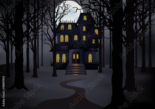 Haunted house in foggy forest in full moon. Spooky scene. Vector illustration