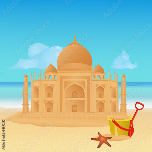 Travel around the world concept. Copy of Taj Mahal made out of sand on tropical beach. Vector illustration