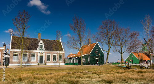 Traditional Dutch old wooden windmill in Zaanse Schans