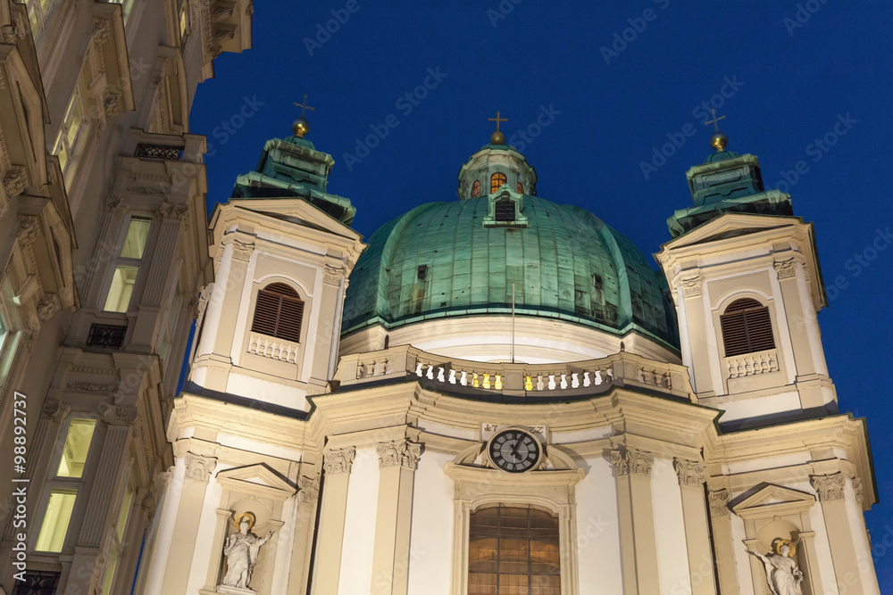 St. Peters Church facade with night lightning