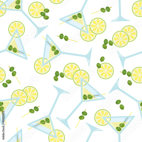 Seamless pattern with a glass of martini with olives