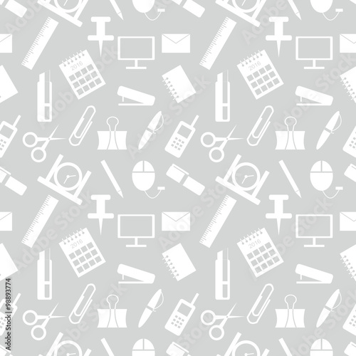 Seamless vector pattern. Pastel background with elements of office supplies on the grey backdrop