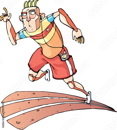 The athlete with the headphones is running on the cinder track. Vector illustration.