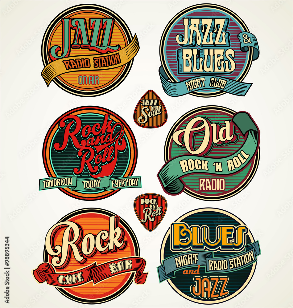 Rock, jazz and blues retro vintage badges and labels collection - obrazy, fototapety, plakaty 