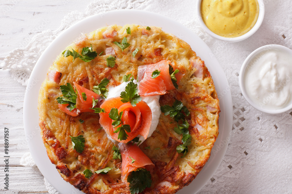 Potato pancakes with salmon and sauce close-up. Horizontal top view
