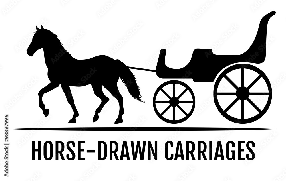 Horse drawn carriage. Black silhouettes of horse and carriage. Vector