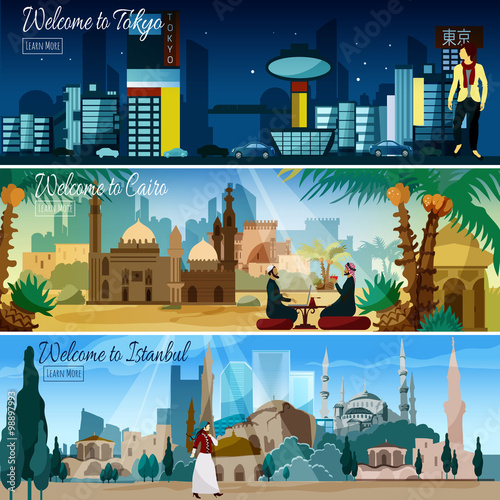 Eastern Cityscape 3 Flat Banners Set