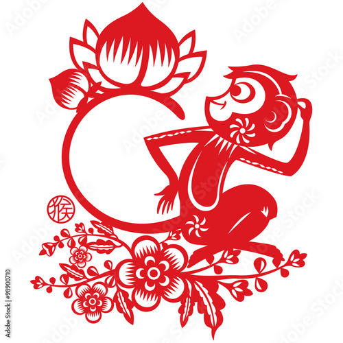 Monkey illustration in Chinese paper cut style, the stamp means year of monkey