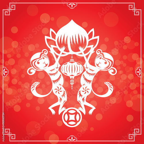Double Monkey illustration in Chinese paper cut style, the stamp means year of monkey defocused light effect