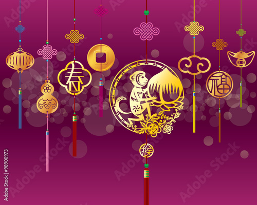 Chinese New Year monkey illustration with golden decoration in purple background