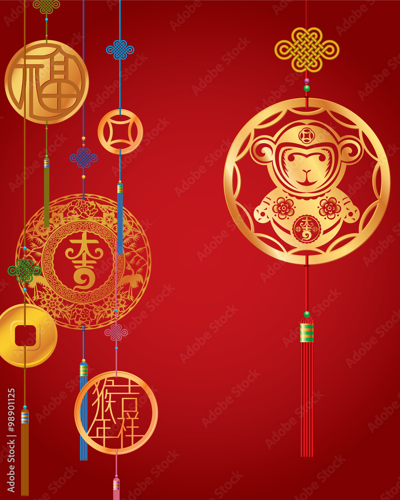 Chinese New Year decorative background with hanging golden coins.
Top left means Bless; the middle means Very lucky and bottom Chinese word means lucky monkey year