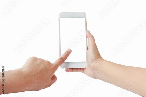 Touch screen mobile phone in hand isolated on white background