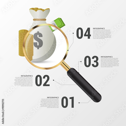 Investment analysis graphic design concept with magnifying glass. Vector
