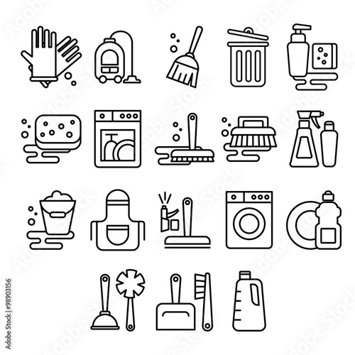 Cleaning, laundry, washing, broom, cleanliness, washing windows, freshness, bucket vector icons in flat