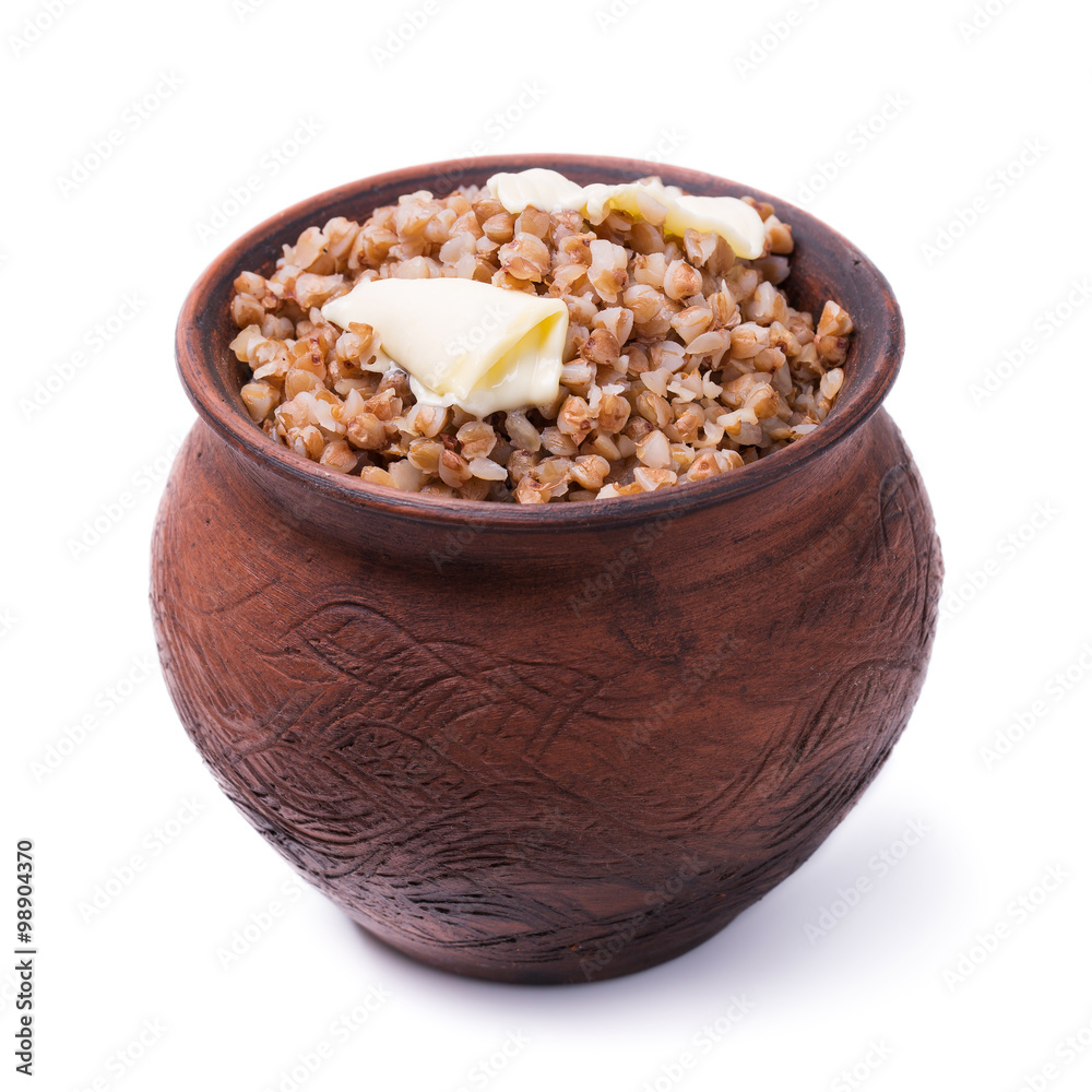 Freshly cooked buckwheat porridge in a clay pot Freshly cooked buckwheat porridge in a clay pot