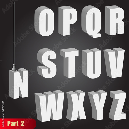 Hanging light bulb letters. Pendant white bold 3d isometric alphabet. Suspension cable rope abc, part 2
