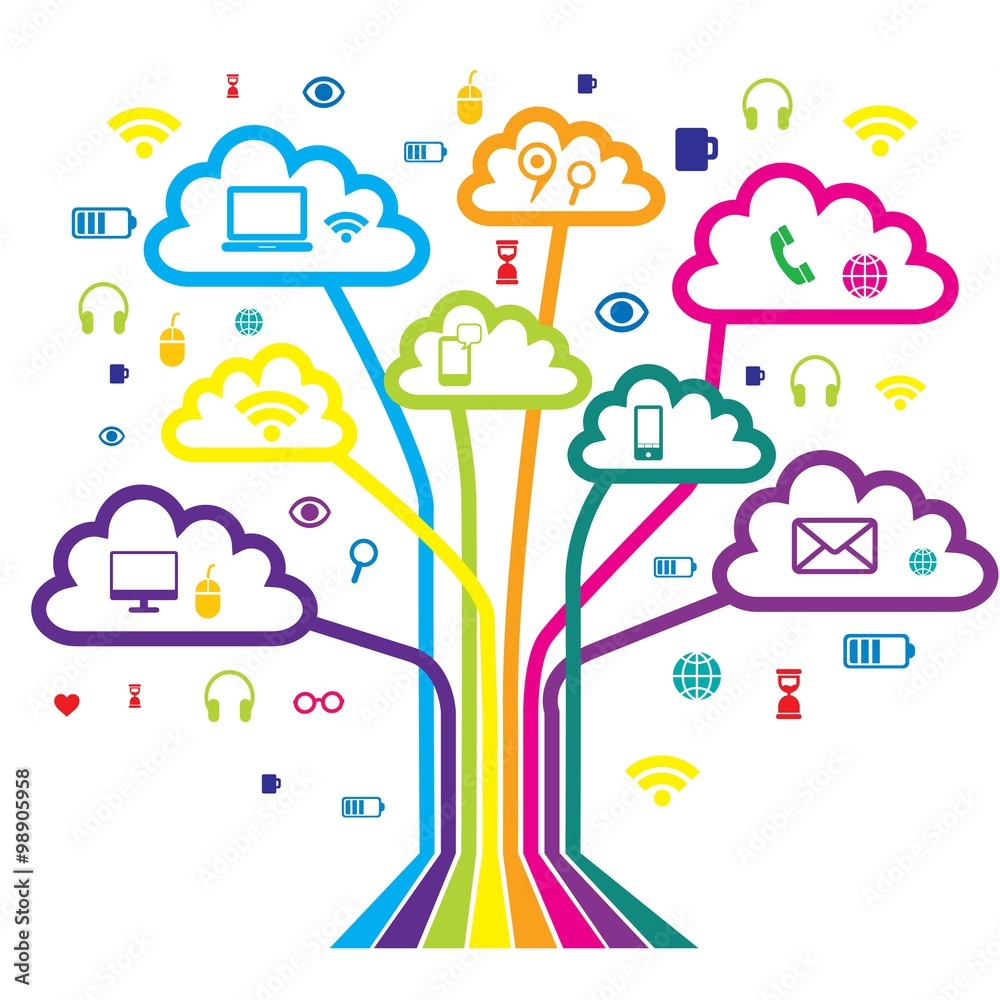Naklejka premium Communication tree with clouds in the form of leaves. Web icon