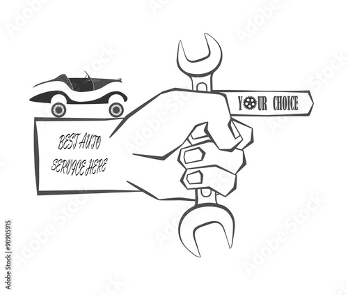 hand holds the instrument and shows to the service of repair of vehicles
  on a white background, advertising and store. vector illustration
