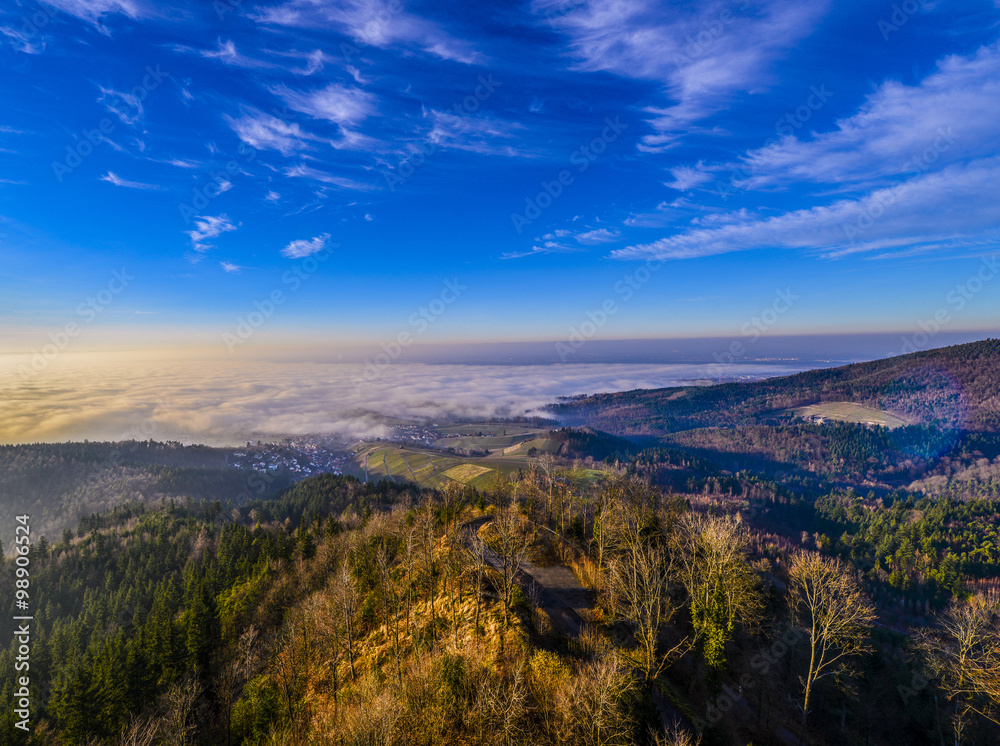 View from the Yburg to the Rhine valley in the middle the village Varnhalt_Baden-Baden_Germany