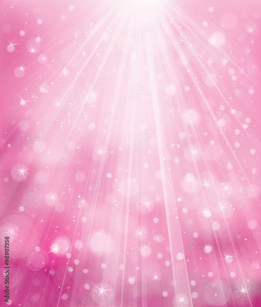 Fototapeta Vector sparkle pink background with rays, lights and stars.
