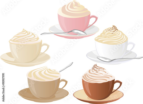 Five cups of coffee with whipped cream.