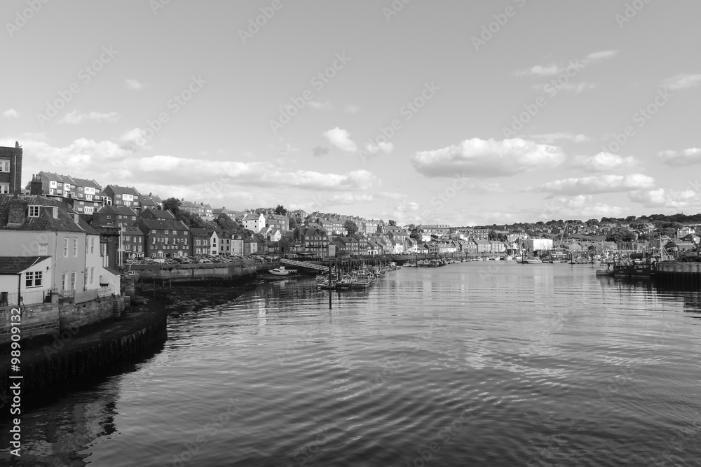 Whitby Harbour in Yorkshire. Black and white image.