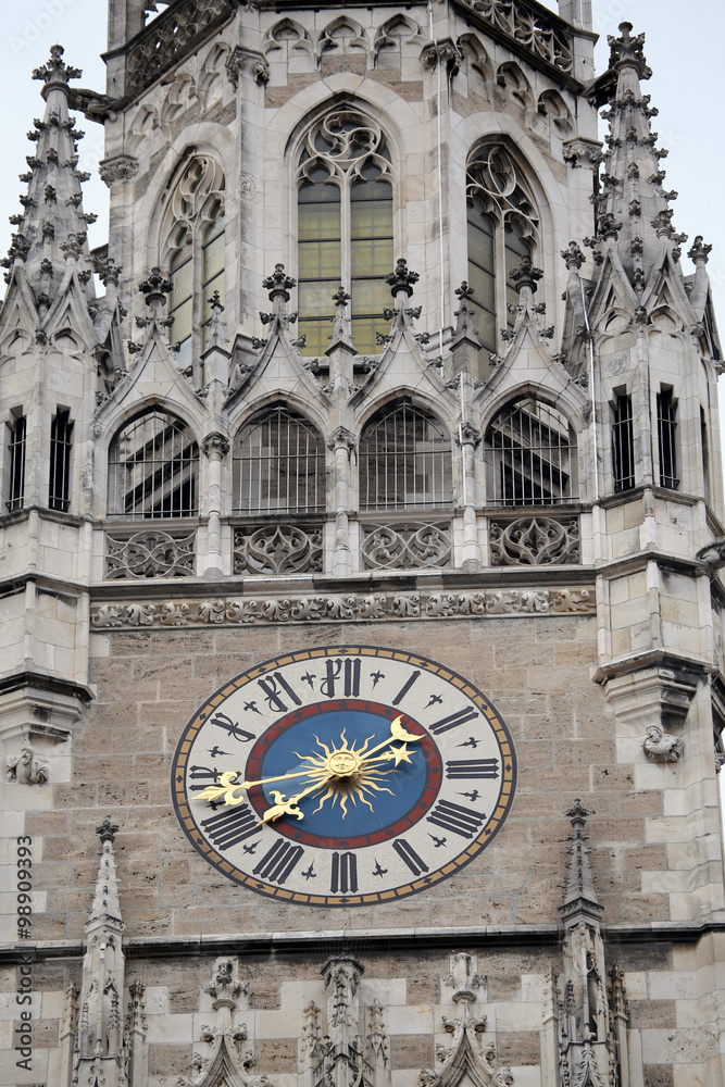The clock on town hall at Marienplatz in Munich, Germany The clock on town hall at Marienplatz in Munich, Germany