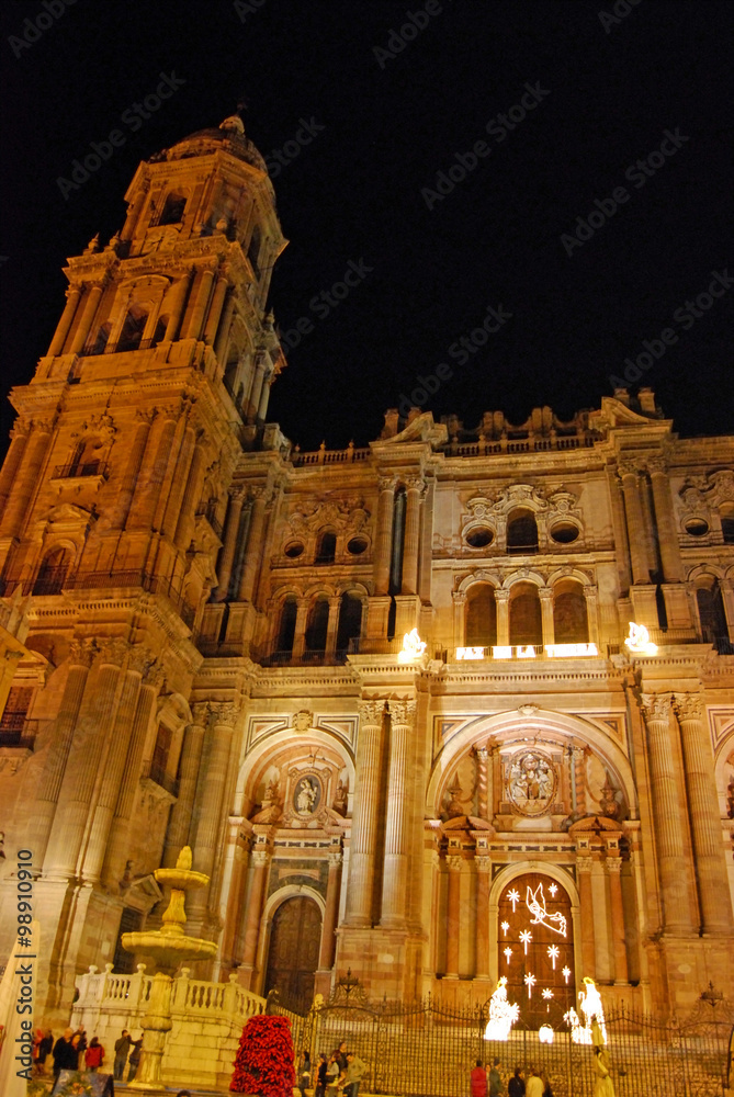 Málaga, Catedral, Navidad, luces, alumbrado, fachada, nocturna