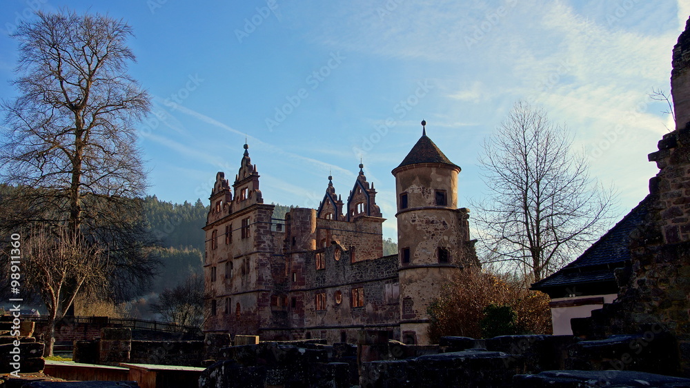 Gesamtansicht des Jagdschlosses in Hirsau eingerahmt von herbstlichen Bäumen vor blauem Himmel Gesamtansicht des Jagdschlosses in Hirsau eingerahmt von herbstlichen Bäumen vor blauem Himmel