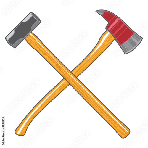 Firefighter Ax and Sledge Hammer is an illustration of a crossed firefighter or fireman’s ax and a sledge hammer.