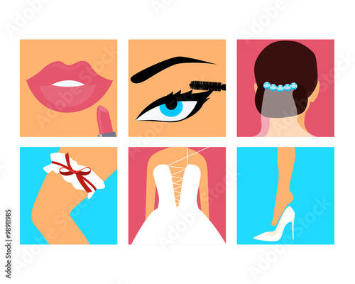 Bride doing makeup and dresses on the wedding day. Vector illustration