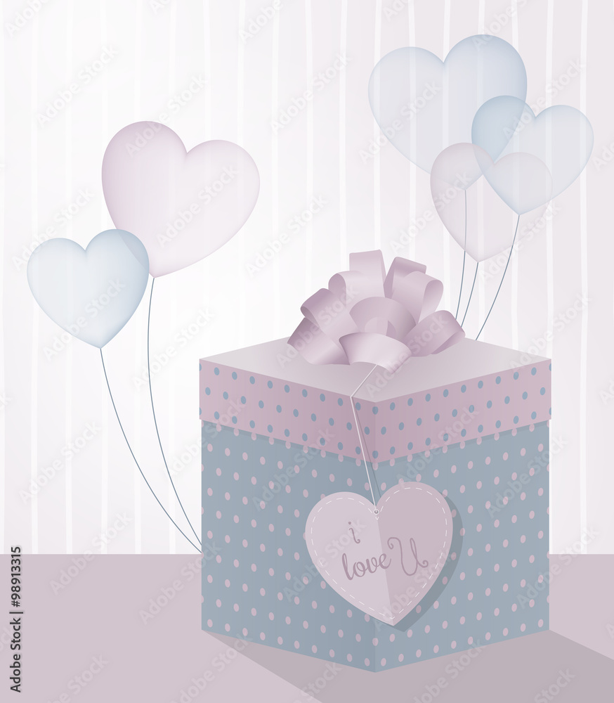 illustration for Valentine's Day with realistic gift box and transparent balloons in form of heart