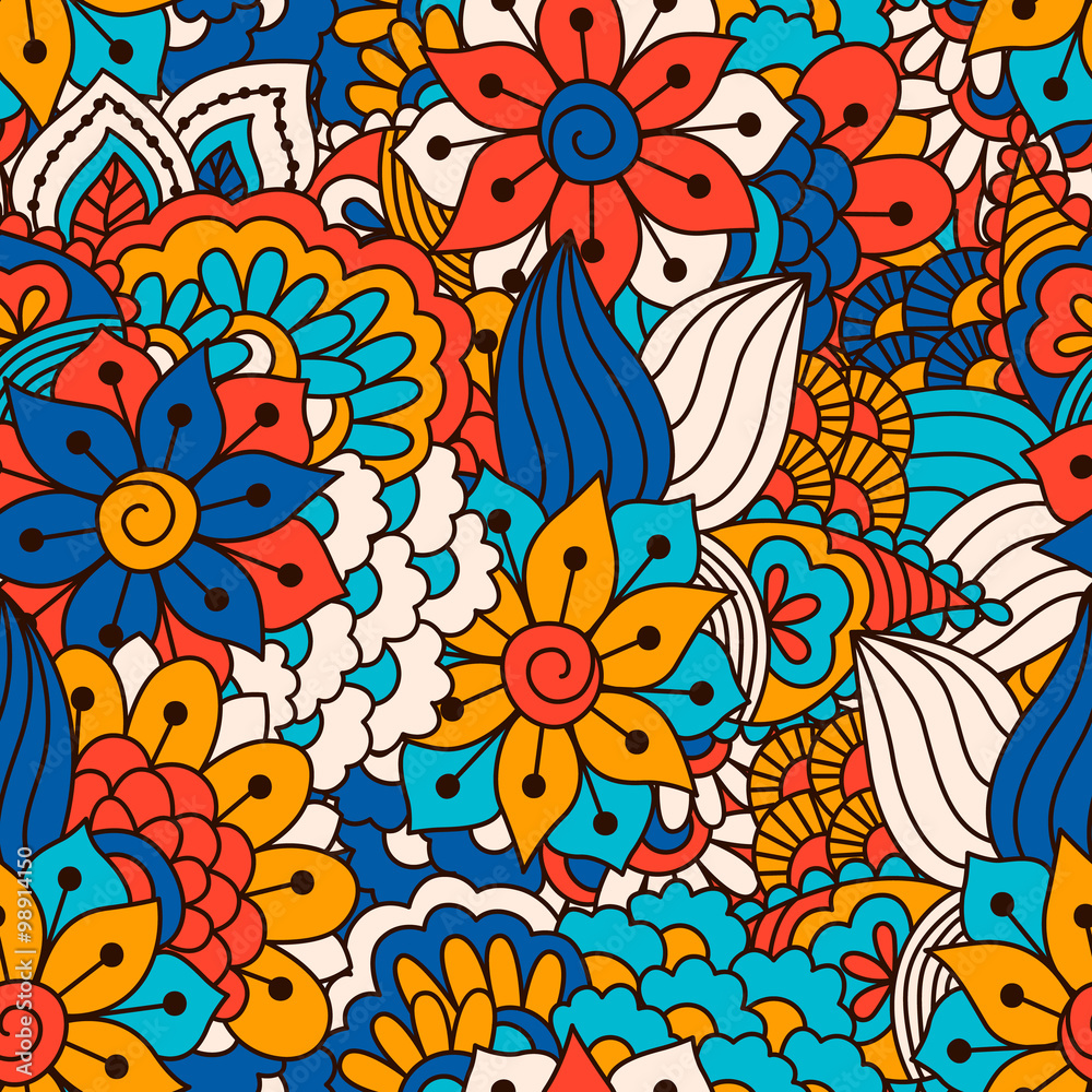 Naklejka premium Hand drawn seamless pattern with floral elements.