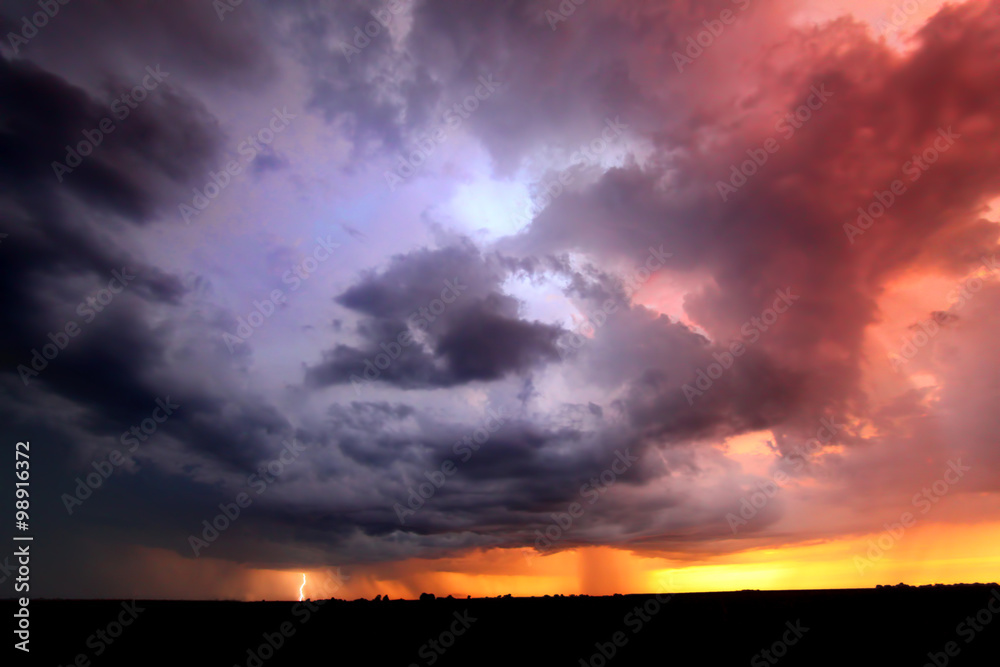 Lightning and thunderstorm clouds at sunset in Indiana