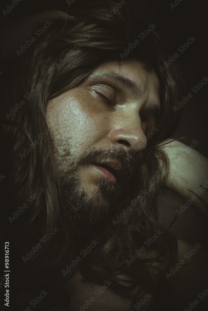 religious, jesus christ with long hair in the foreground, a man